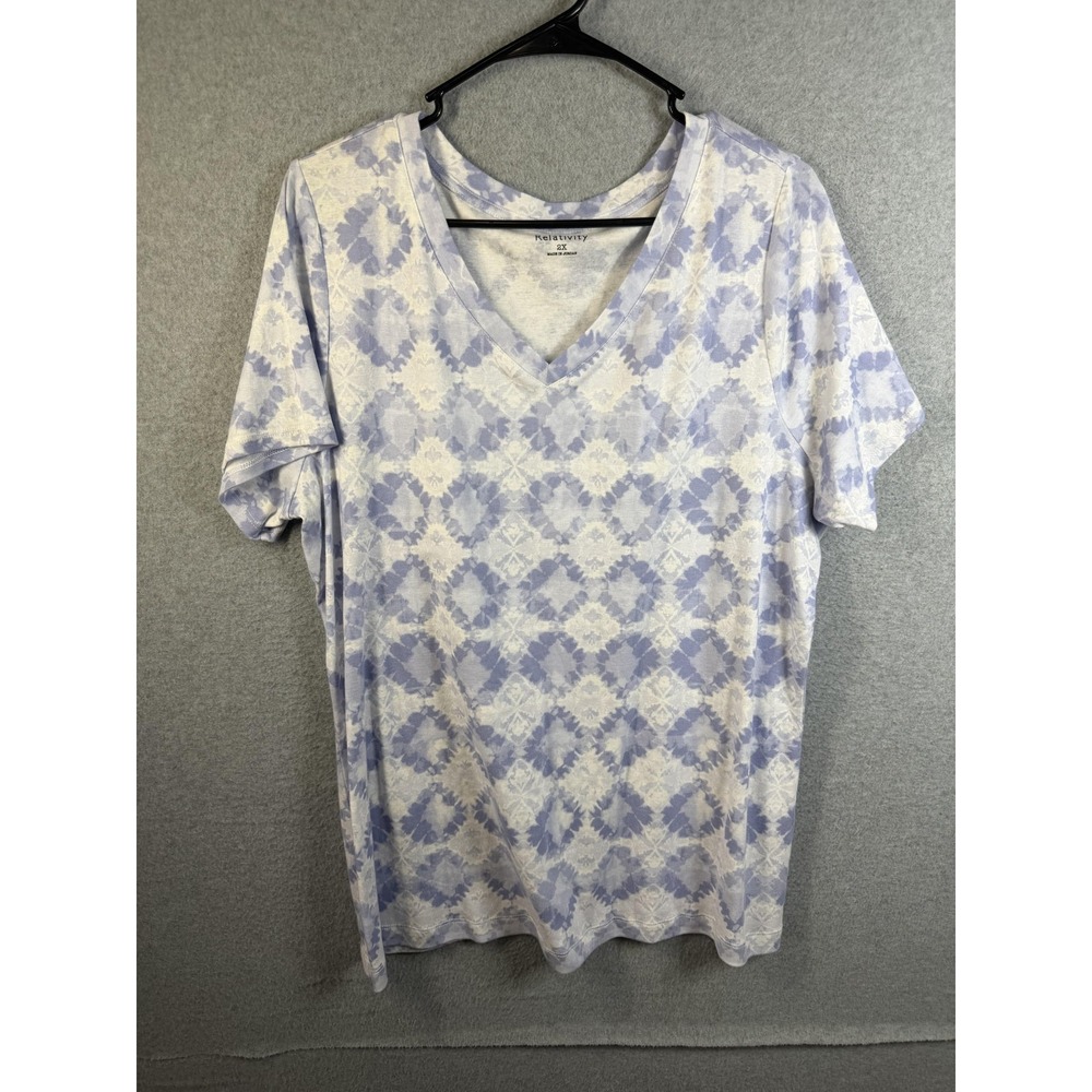 Relativity Shirt Womens 2X Blue Geometric V Neck Short Sleeve Cotton Top